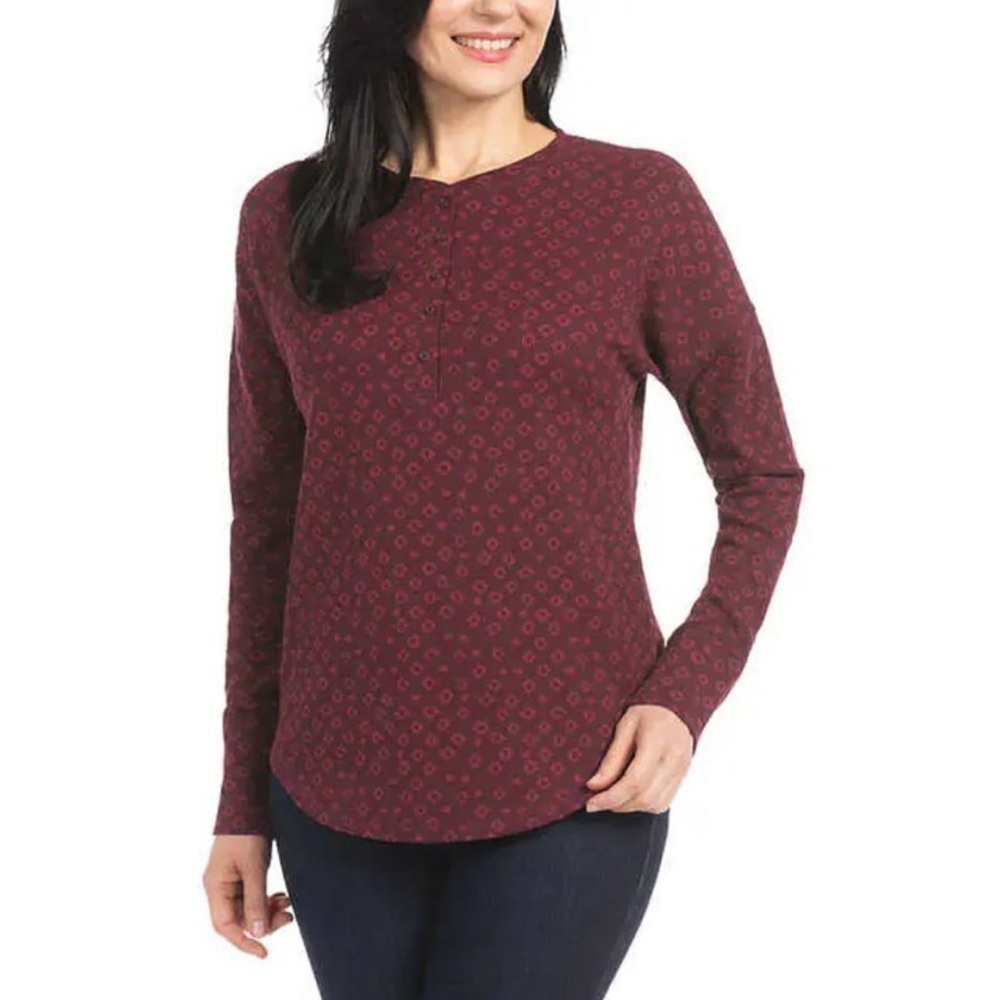 NWT Dalia Waffle Henley with Red Pink Pattern